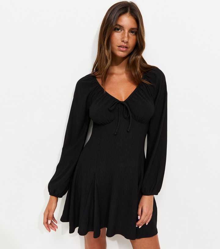 Black Long Sleeve Textured Godet Mini Dress