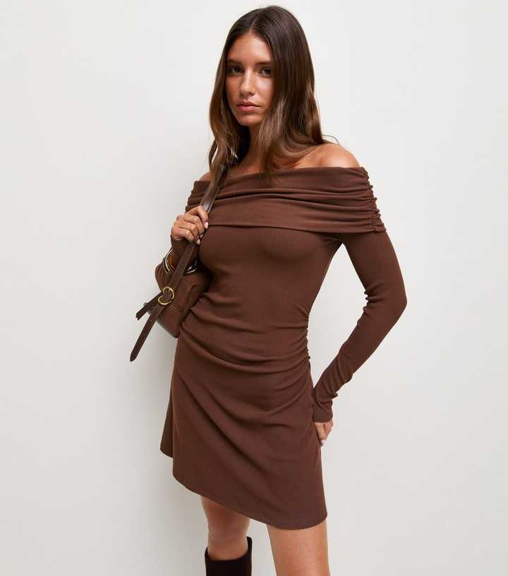 Dark Brown Long Sleeve Bardot Mini Dress