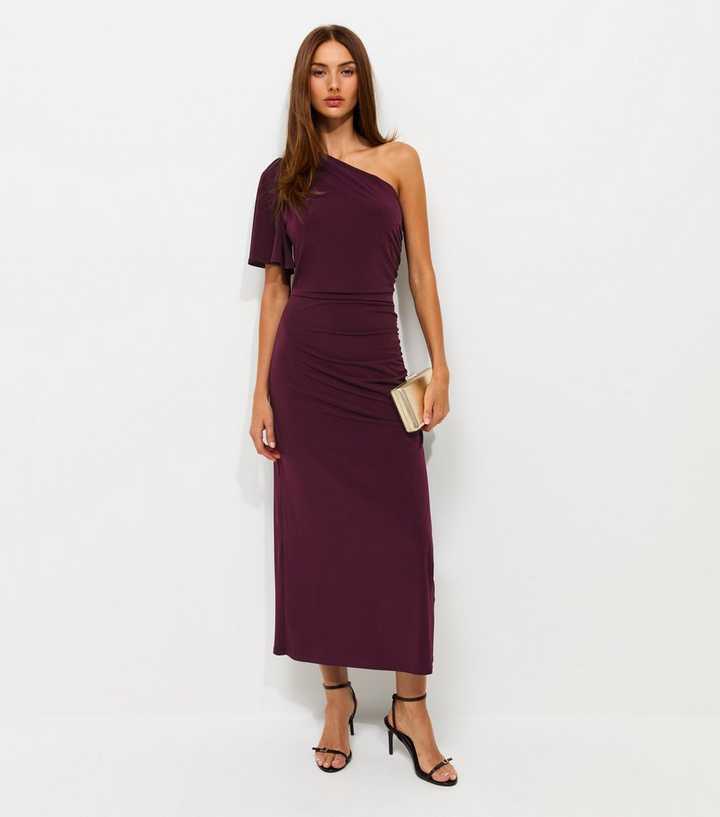 Dark Purple One Shoulder Angel Sleeve Midi Dress