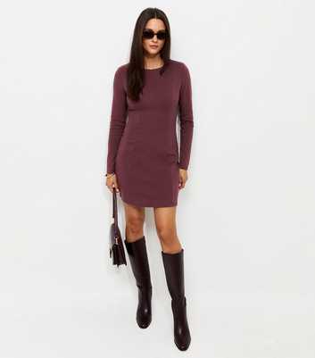 Dark Purple Cotton Rich Ponte Long Sleeve High Neck Mini Dress