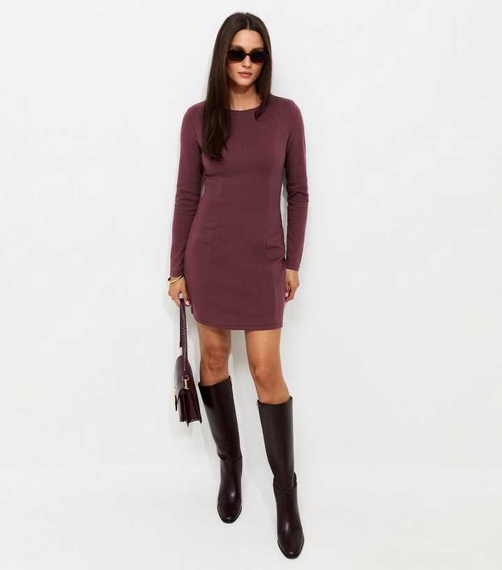 Dark Purple Cotton Rich Ponte Long Sleeve High Neck Mini Dress