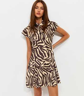 Brown Satin Zebra Print High Neck Godet Skirt Mini Dress
