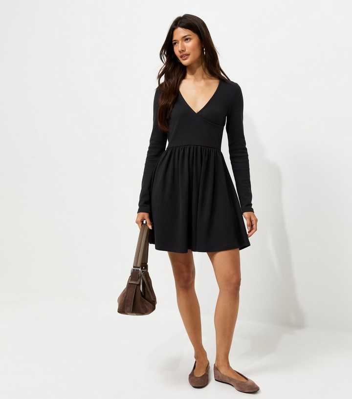 Dark Grey Cotton Rich Long Sleeve Ribbed Wrap Front Mini Ballet Dress