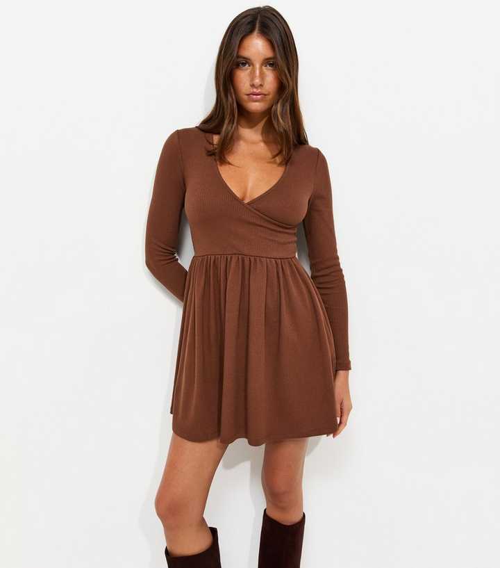 Dark Brown Cotton Rich Long Sleeve Ribbed Wrap Front Mini Ballet Dress