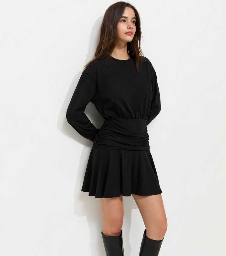 Black Long Sleeve Jersey Ruched Waist Mini Dress