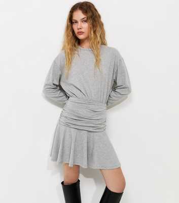 Grey Marl Long Sleeve Jersey Ruched Waist Mini Dress
