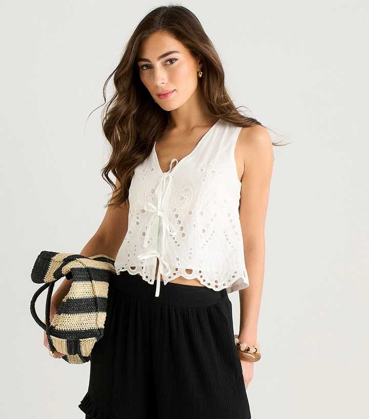 Gini London White Cotton Broderie Anglaise Tie Front Waistcoat