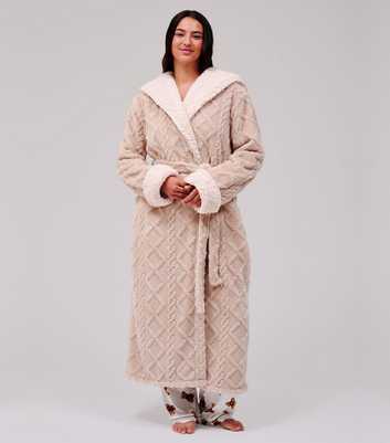 Loungeable Light Brown Fleece Cable Knit Hooded Dressing Gown