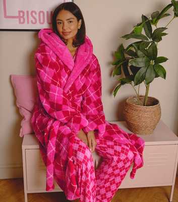 Loungeable Pink Argyle Check Borg Fleece Dressing Gown
