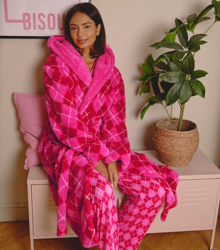 Loungeable Pink Argyle Check Borg Fleece Dressing Gown