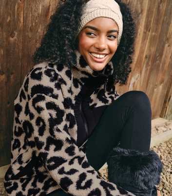 South Beach Brown Leopard Borg Fleece Funnel Neck Jacket