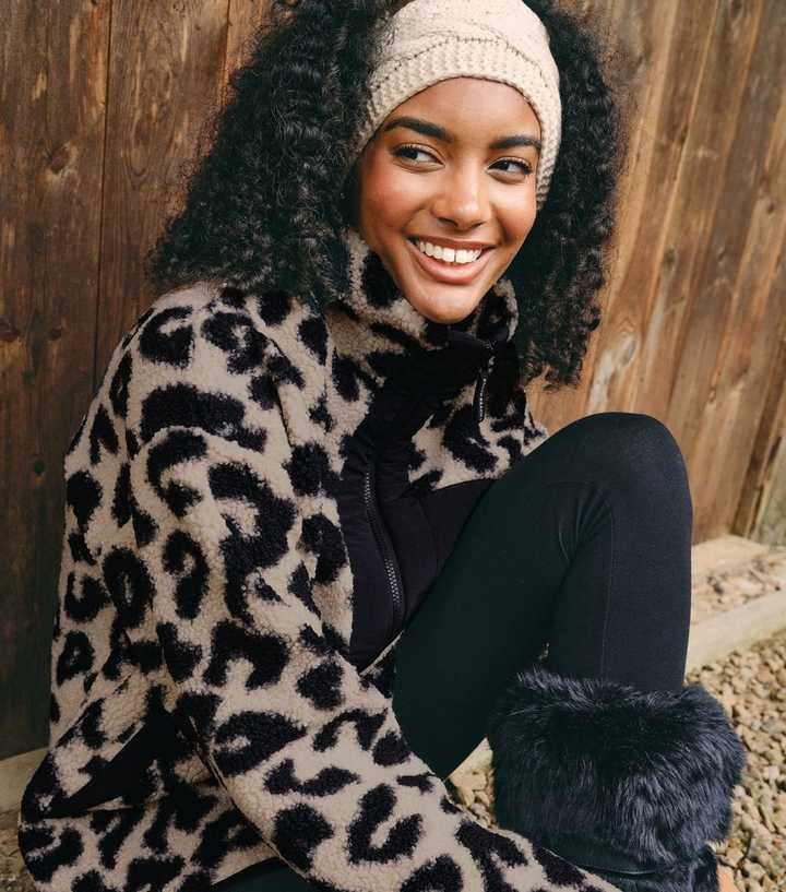 South Beach Brown Leopard Borg Fleece Funnel Neck Jacket