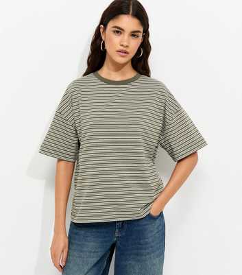 Khaki Cotton Striped Oversized Boxy T-Shirt