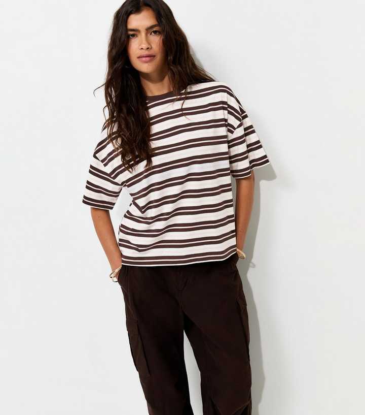 Brown Cotton Striped Oversized Boxy T-Shirt