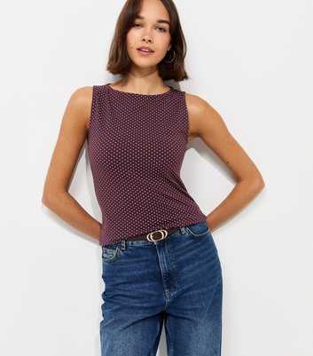 Red Cotton Rich Spot Print Slash Neck Vest Top