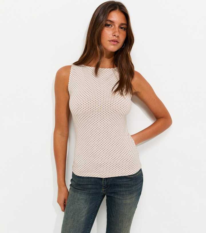 Cream With Cotton Spot Print Slash Neck Vest Top