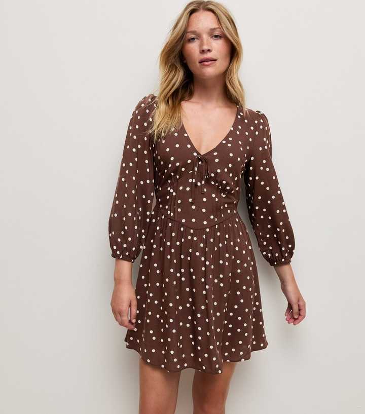 Brown Polka Dot V Neck Long Sleeve Skater Mini Dress