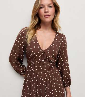 Brown Spot Print Long Sleeve Empire Line Mini Dress