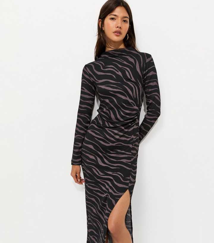Black Crinkle Texture Zebra Print Ruched Long Sleeve Midi Dress