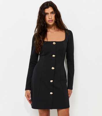 Black Square Neck Long Sleeve Mini Dress