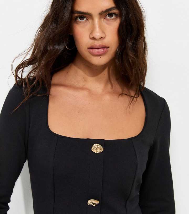 Black Square Neck Long Sleeve Mini Dress