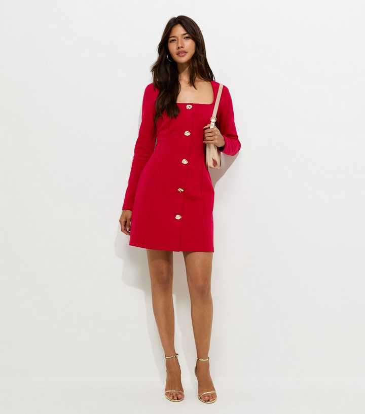 Bright Red Square Neck Long Sleeve Mini Dress