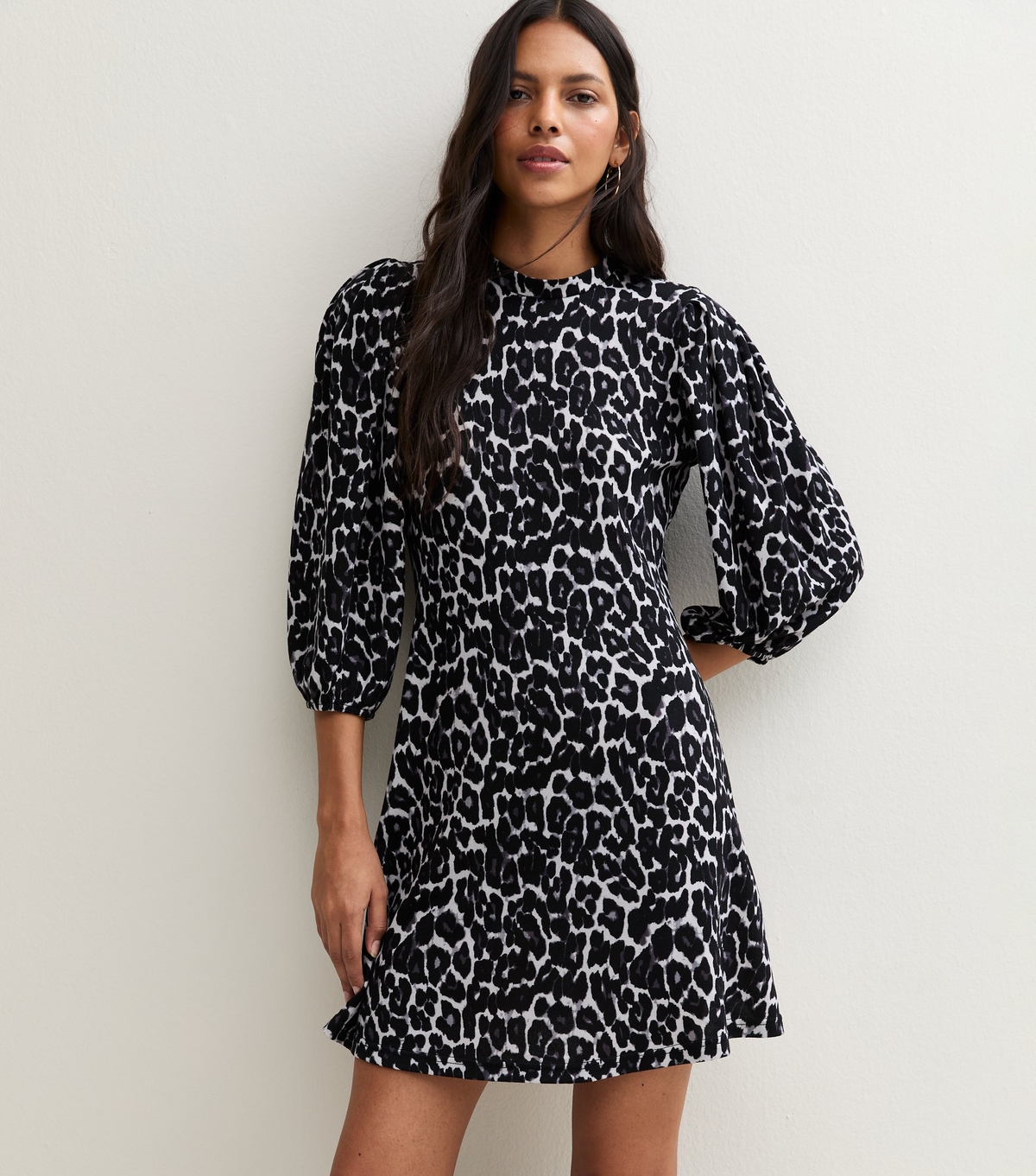 Women's White Leopard Print High Neck Puff Sleeve Mini Dress New Look