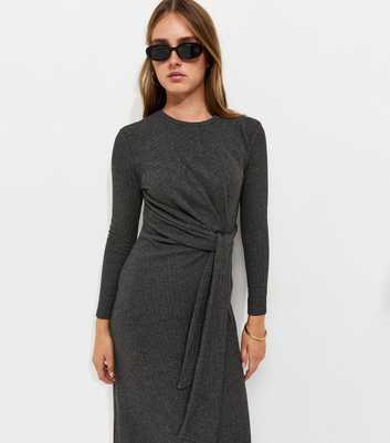 Dark Grey Ribbed Tie Front Long Sleeve Midi Dress