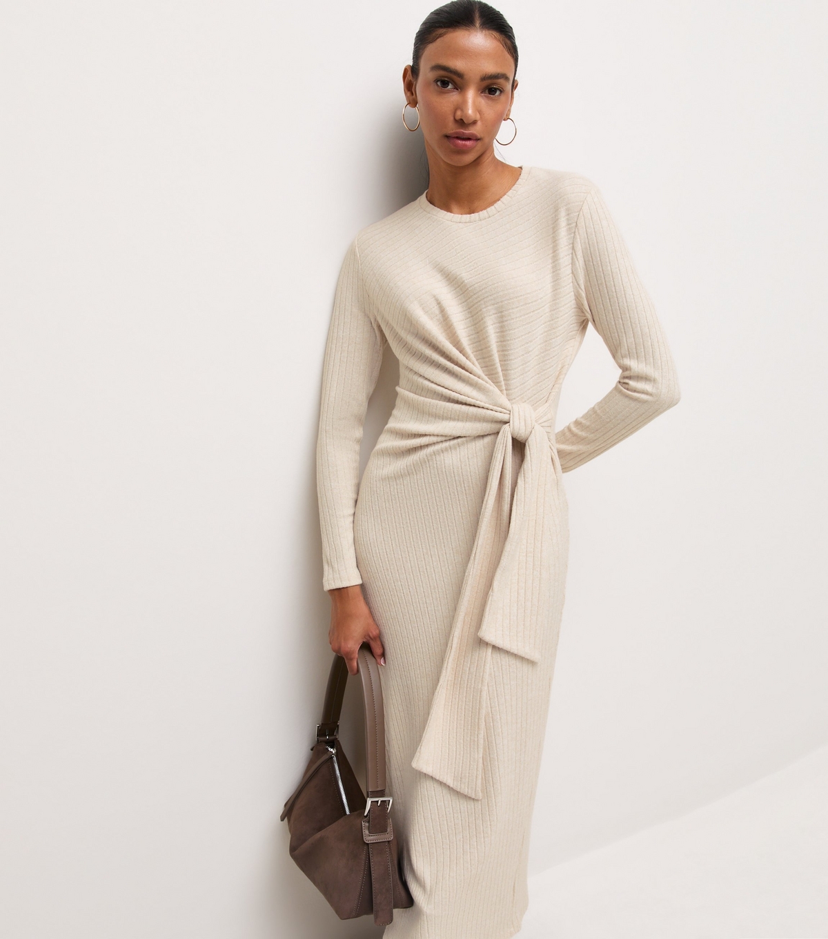 Women's Oatmeal Ribbed Tie Front Long Sleeve Midi Dress New Look