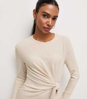 Oatmeal Ribbed Tie Front Long Sleeve Midi Dress