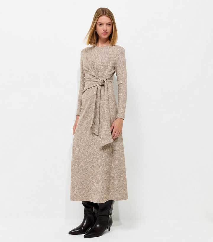 Ribbed Tie Front Long Sleeve Midi Dress