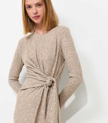 Dark Brown Ribbed Tie Front Long Sleeve Midi Dress