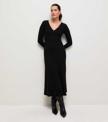 Black Ribbed Long Sleeve V-Neck Midi Dress