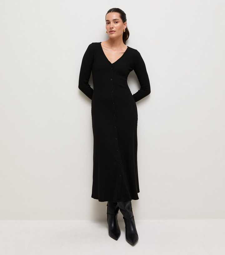 Black Ribbed Long Sleeve V-Neck Midi Dress