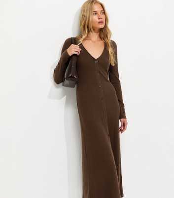 Dark Brown Ribbed Long Sleeve V-Neck Midi Dress