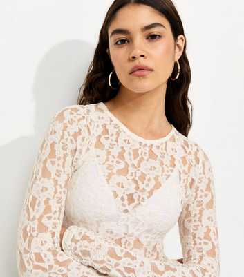 Cream Sheer Floral Lace Long Sleeve Top