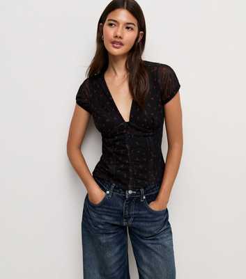 Black Mesh Ditsy Floral V-Neck Top