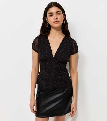 Black Mesh Ditsy Floral V-Neck Top