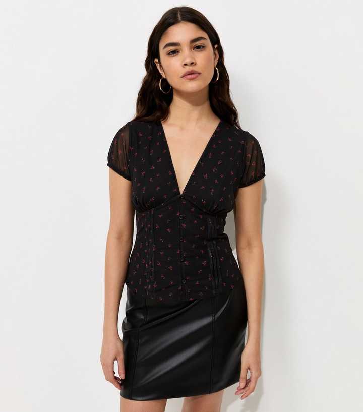Black Mesh Ditsy Floral V-Neck Top