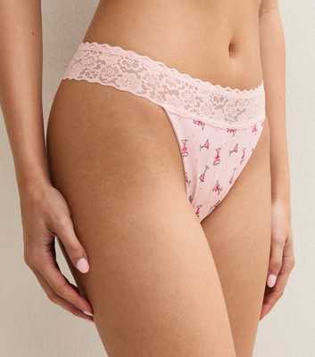 Pink Christmas Cocktail Print Lace Trim Thong