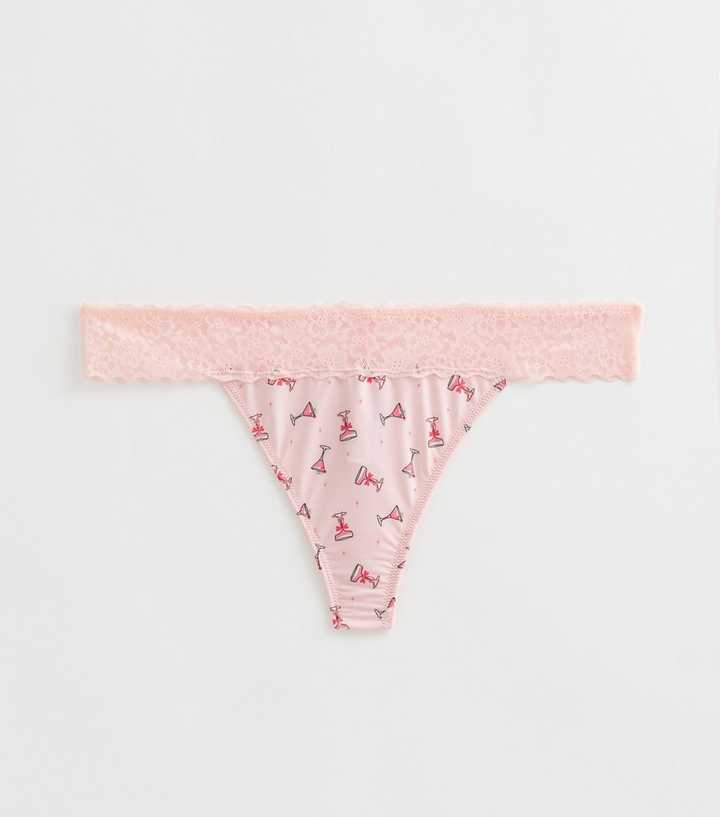 Pink Christmas Cocktail Print Lace Trim Thong