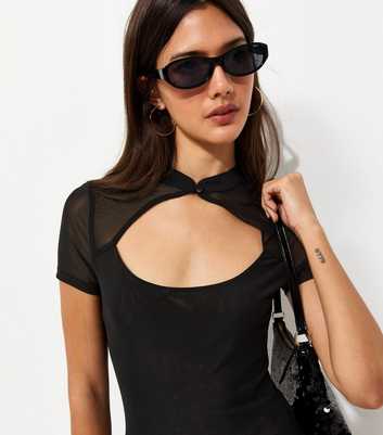 Black Jersey Mesh High Neck Cutout Top