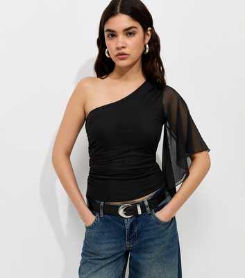 Black Mesh One Shoulder Draped Sleeve Top