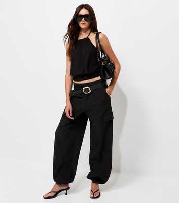 Black Fitted Waistband Bubble Hem Halter Neck Cami Top