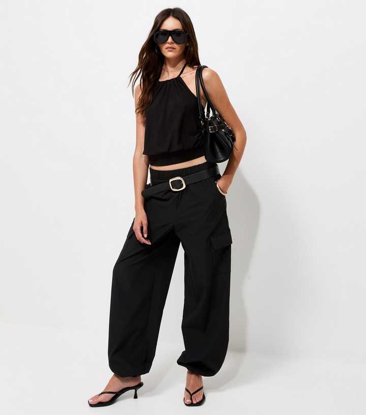 Black Fitted Waistband Bubble Hem Halter Neck Cami Top