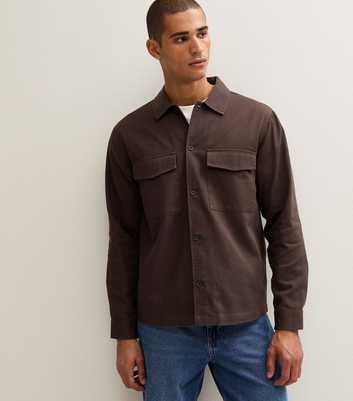 Dark Brown Cotton Twill Flap Pocket Long Sleeve Shirt