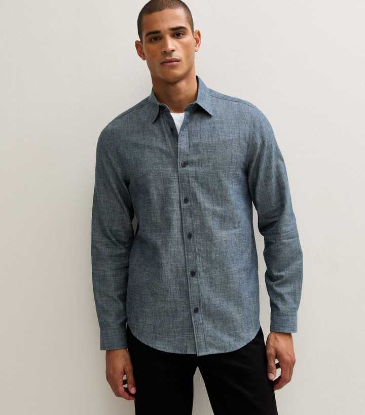 Blue Cotton Regular Fit Long Sleeve Chambray Shirt