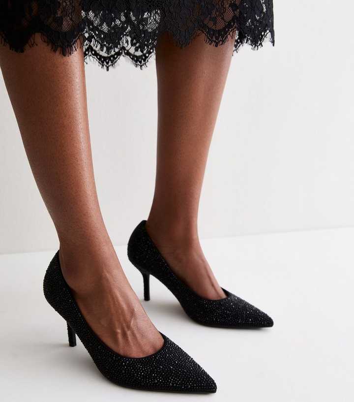 Black Embellished Pointed Toe Court Shoes