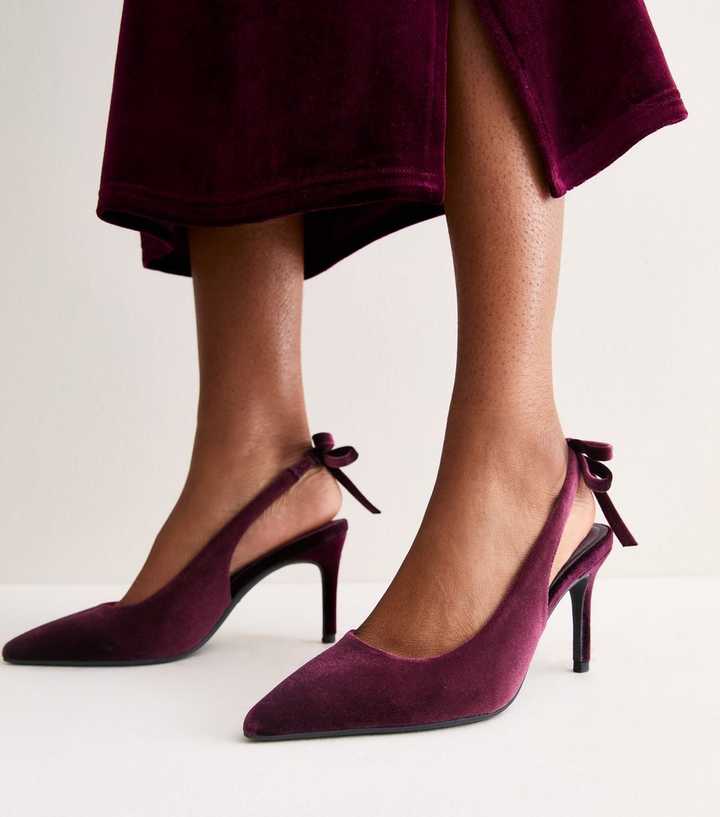 Dark Burgundy Velvet Bow Slingback Strap Heels