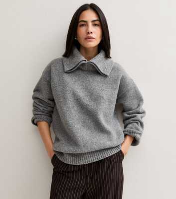 Mid Grey Knitted Double Fold Over Collar Oversized Jumper